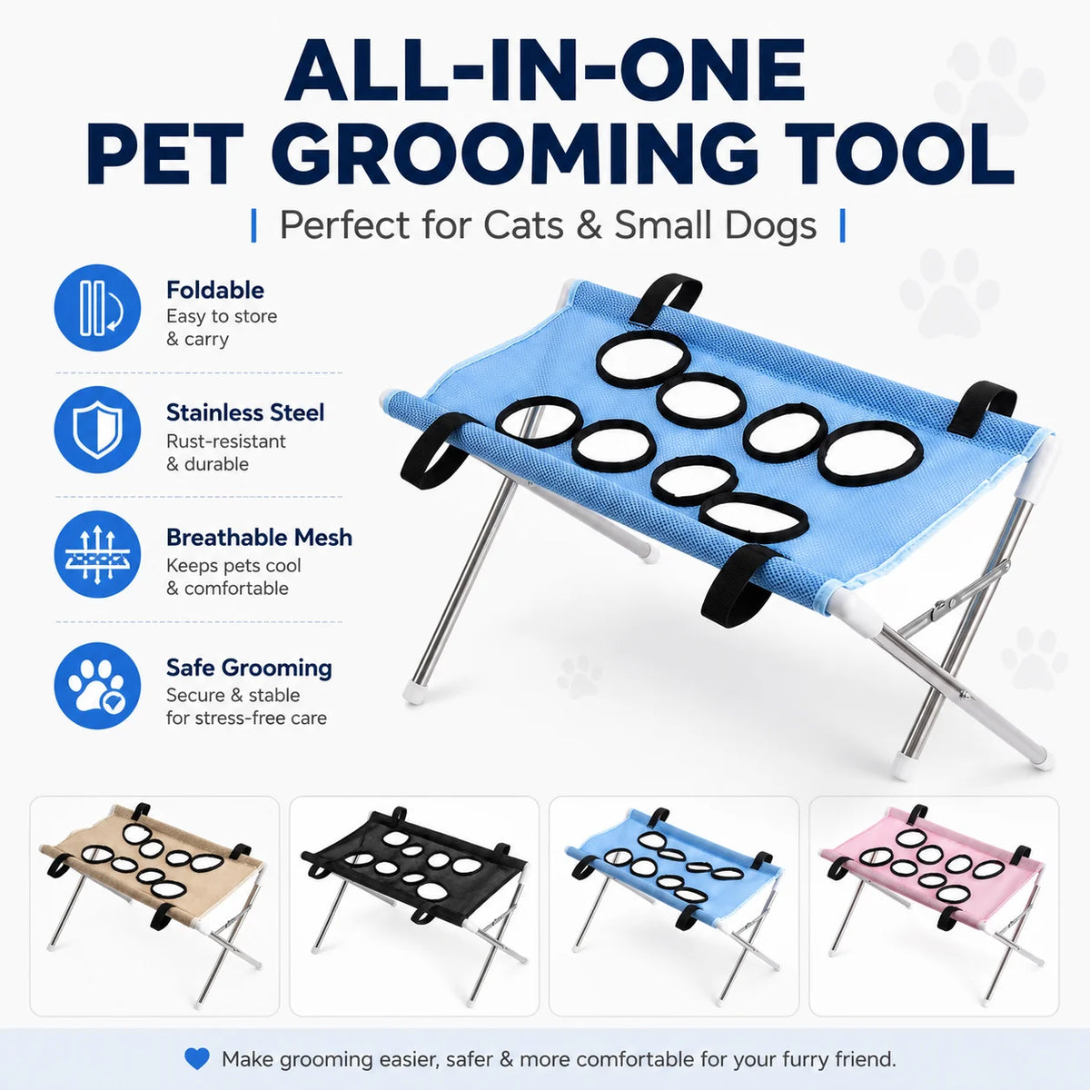 Hamaca Plegable para Aseo de Mascotas — Soporte de Acero y Malla
