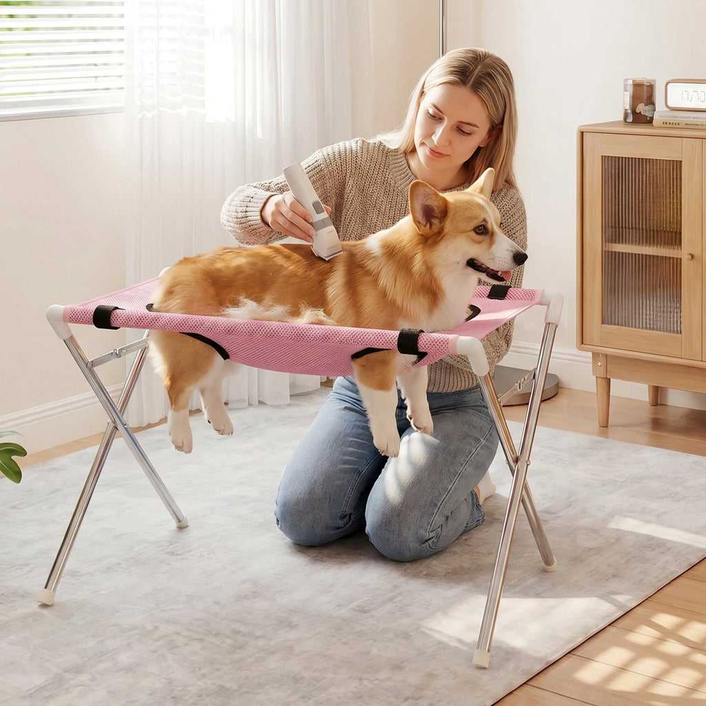 Hamaca Plegable para Aseo de Mascotas — Soporte de Acero y Malla