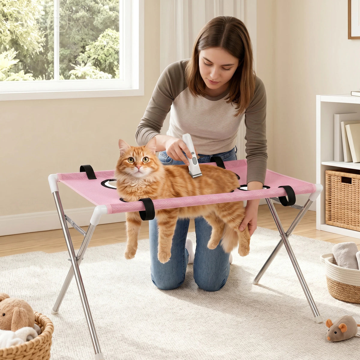 Hamaca Plegable para Aseo de Mascotas — Soporte de Acero y Malla