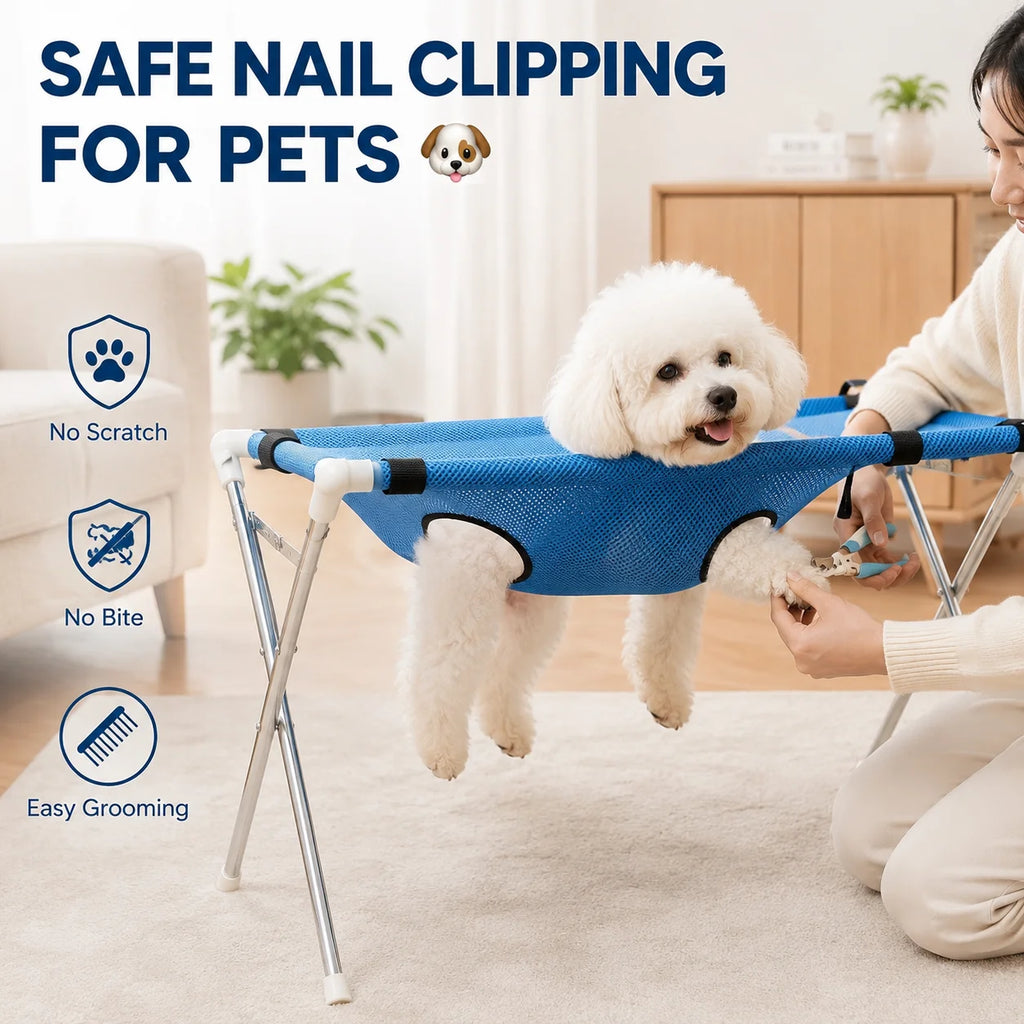 Hamaca Plegable para Aseo de Mascotas — Soporte de Acero y Malla