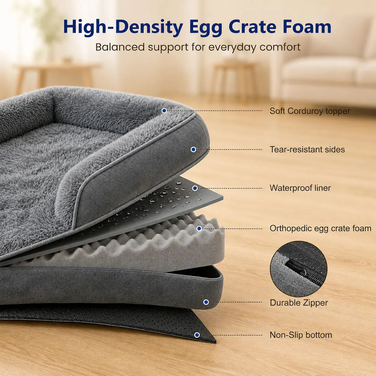 Cama Ortopédica para Perros Grandes y Mayores — Impermeable y Lavable